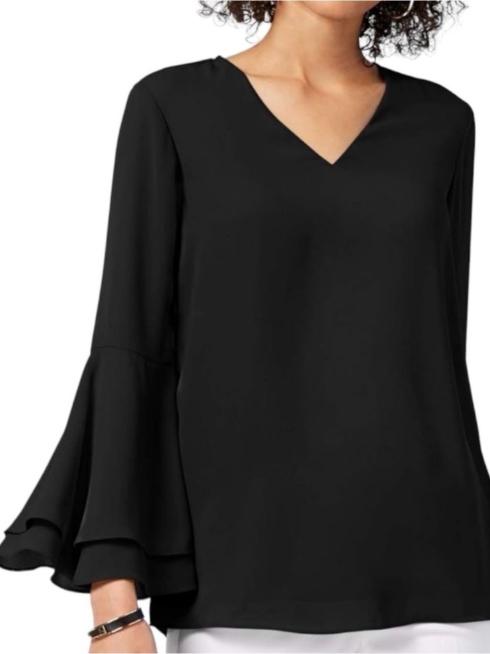 Amanda Prichard Black V-Neck Bell Sleeve Blouse size L loose fit